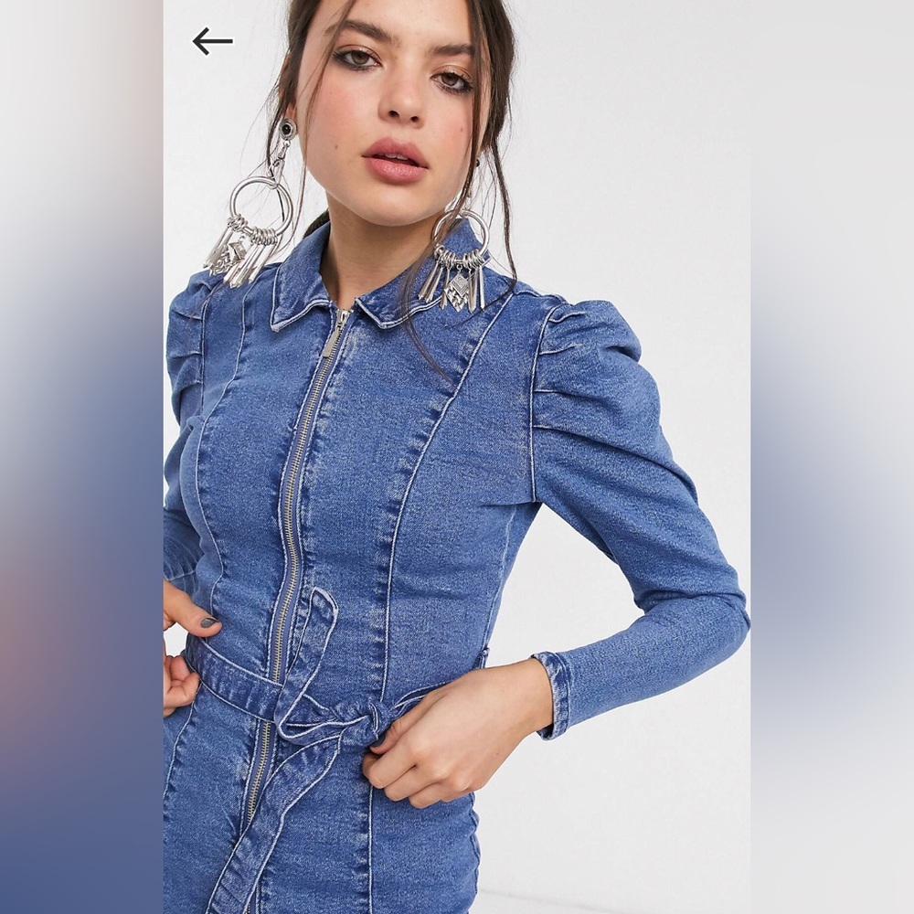 NWT Bershka Shirt Mini Dress Long Sleeve Denim Belted Puffy Sleeves Western sz M - Picture 4 of 13